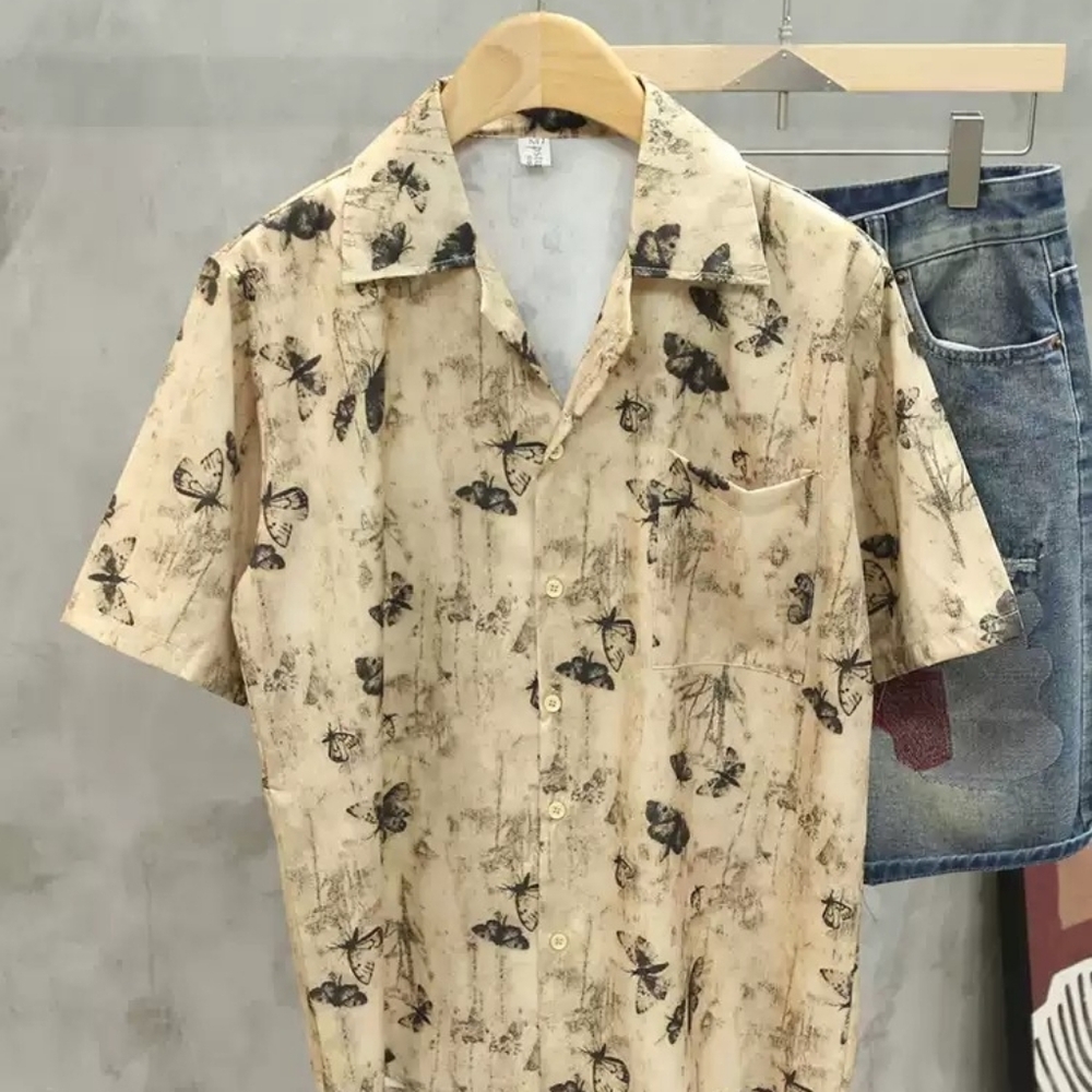 Vintage Butterfly Print Camp Shirt